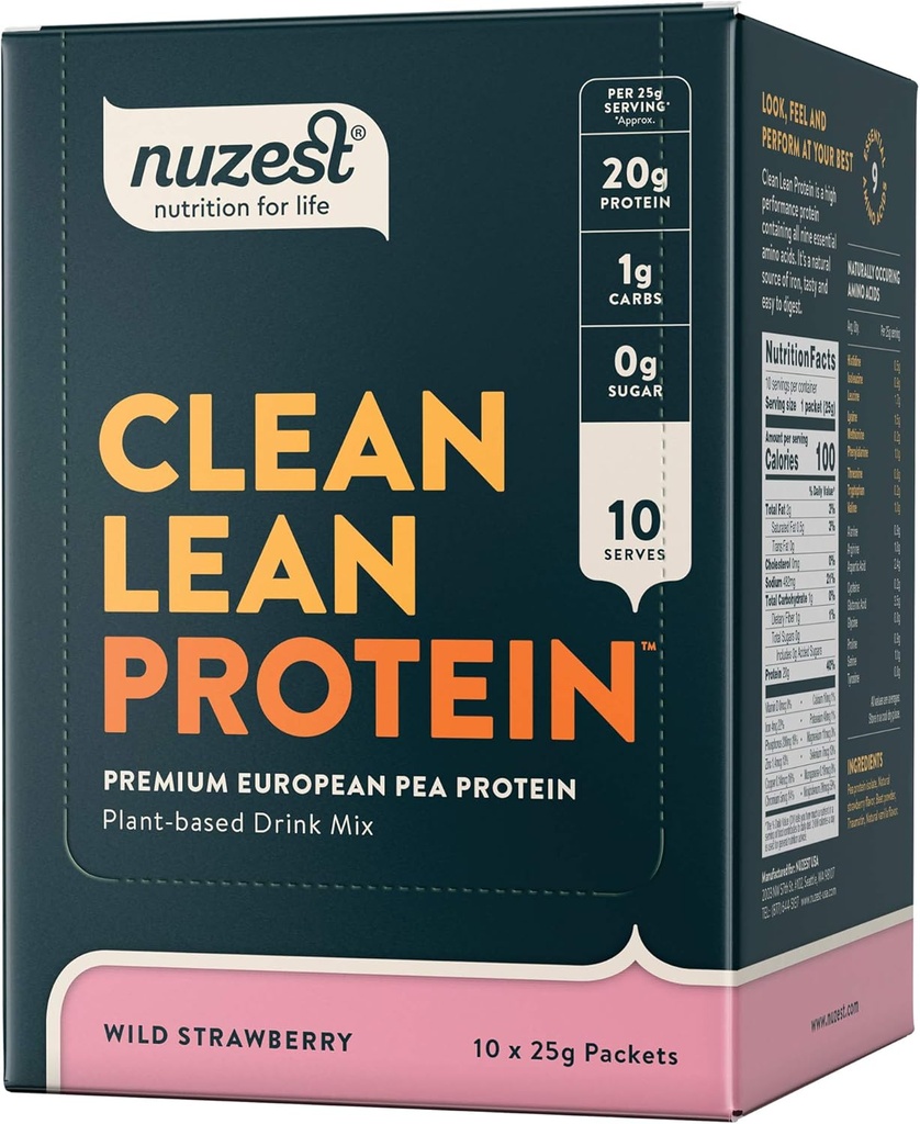 Nuzest - Pea Protein Powder - Clean Lean Protein, Premium Vegan Plant Based Protein Powder, Dairy Free, Gluten Free, GMO Free, Protein Shake, Wild Strawberry, 0,9 oz, (Pack of 10)