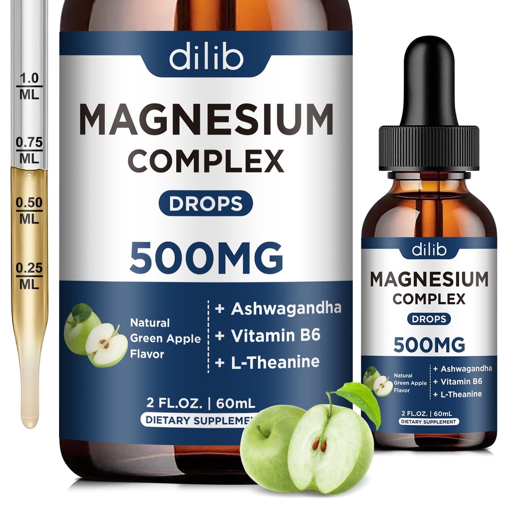 Triple Magnézium Complex Supplement-Magnesium Glycinate, Citrate, Malate Liquid Drops 500mg s Ashwagandha, L-Theanine, B6 pre pokoj, stres Relief, spánok, svalová podpora-zelená jablková chuť