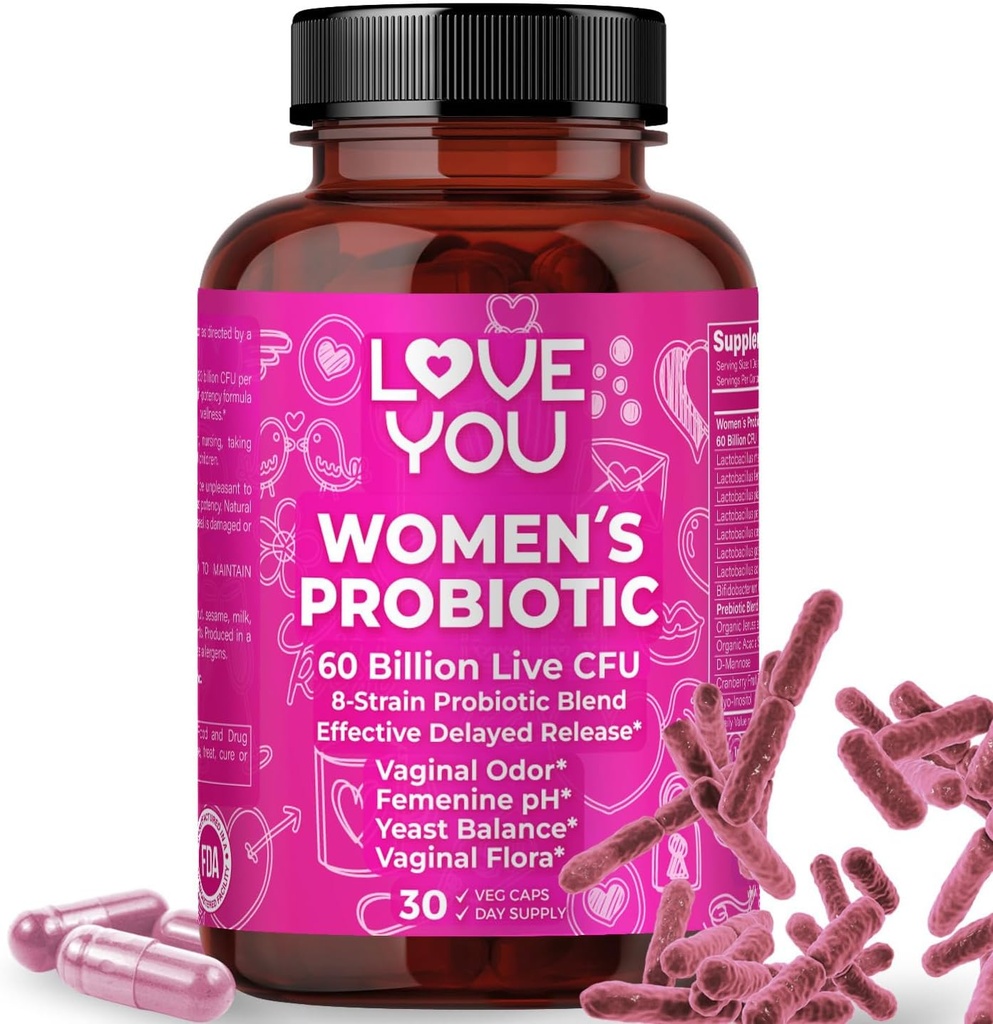 Love You Womens Probiotic, Ph Balance, Ut, Feminine, Vaginal Health Supplement, Digestive, Pre + Pro + Postbiotic, Oneskorené uvoľnenie, 60 miliárd živých CFU, 8-kmeň probiotických Blend, 30 Veg Caps Servings