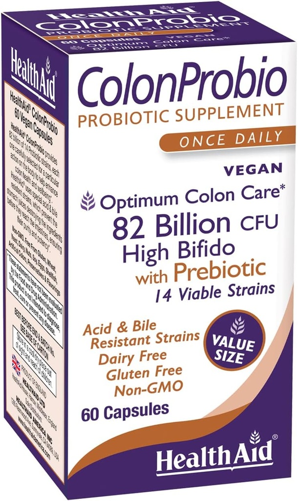 HealthAid ColonProbio 82 Billion with Prebiotic, 14 Strains, Once Daily, 60ct, Optimum Colon Care, Acid & Bile Resistant, Dairy Free, Gluten Free, Non-GMO, High Bifido