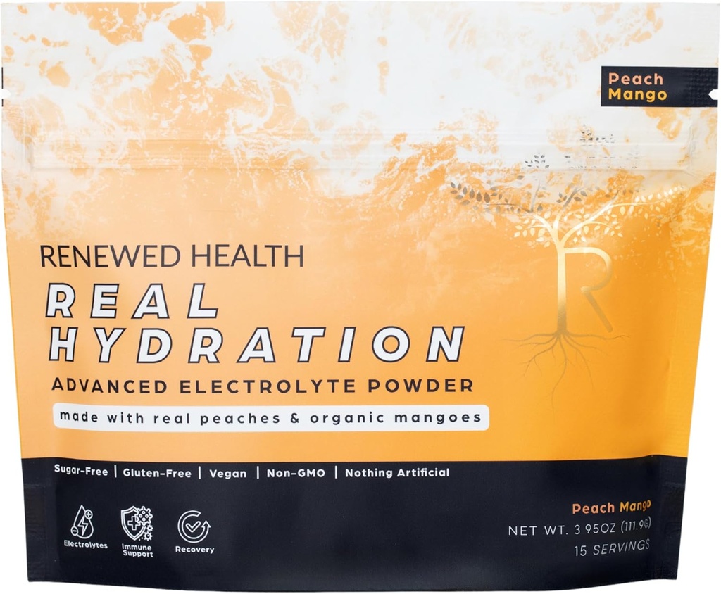 Real Hydratácia - Organické ovocie-Na báze Electrolyte Mix - Vyrobené s organickými ovocím a ružovou soľou - Zero Sugar & Vegan - Hydratácia, Immune & Recovery Podpora (15 Servings, Peach Mango)