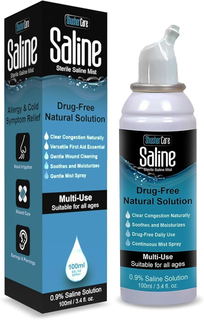 Saline sprej pre nos - nosový sprej Saline riešenie pre novorodenca, dieťa a dospelých, Soľná voda Dekongestant hmla pre dusný nos, Cestovanie priateľsky, Prírodné, 0,9% Saline - 100 ml (3.4 fl oz)