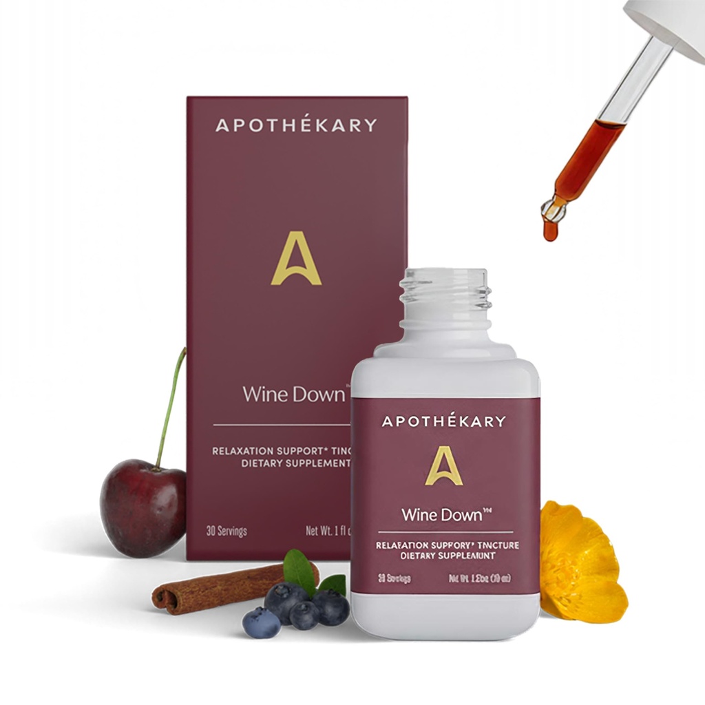 Apothékary Wine Down, Natural Sleep and Relaxation Support, Alcohol-Free Red Wine-Inšpirovaný bylinné kvapky, Pozostáva z modrého železníka, Tart Cherry, a California Poppy, 1 oz, 30 Servings