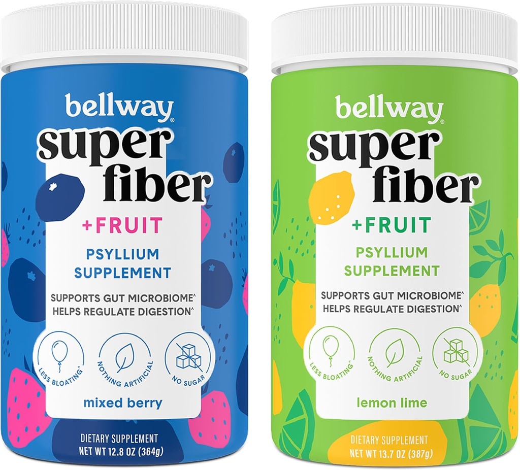 Bellway Super Fiber Powder + ovocie, bez cukru Organic Psyllium Husk prášok Fiber Supplement for Regularity, Bloating Relief & Gut Health, Non-GMO, Mixed Berry & Lemon Lime