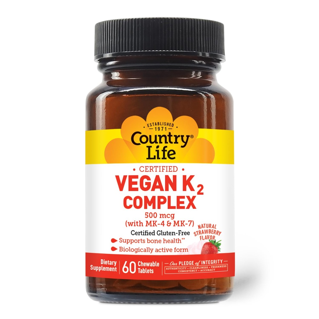 Country Life® Vegan K2-500 mcg, 60 Ct. Žuvacie tablety. Jahodová príchuť - Certified Gluten Free - Certified Vegan by AVA