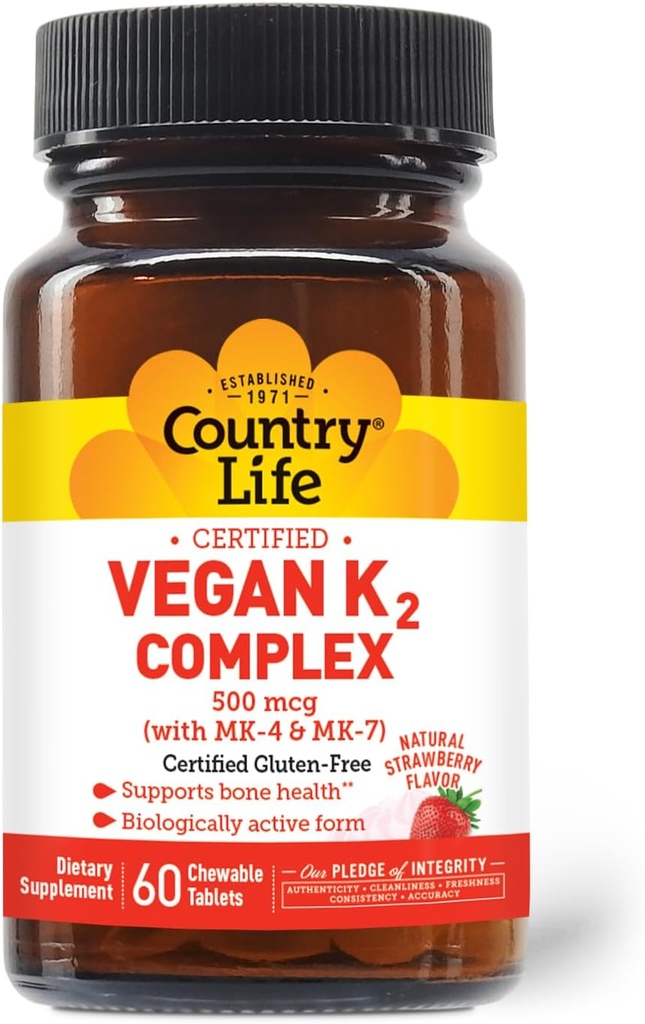 Country Life® Vegan K2-500 mcg, 60 Ct. Žuvacie tablety. Jahodová príchuť - Certified Gluten Free - Certified Vegan by AVA