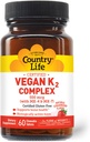 Country Life® Vegan K2-500 mcg, 60 Ct. Žuvacie tablety. Jahodová príchuť - Certified Gluten Free - Certified Vegan by AVA
