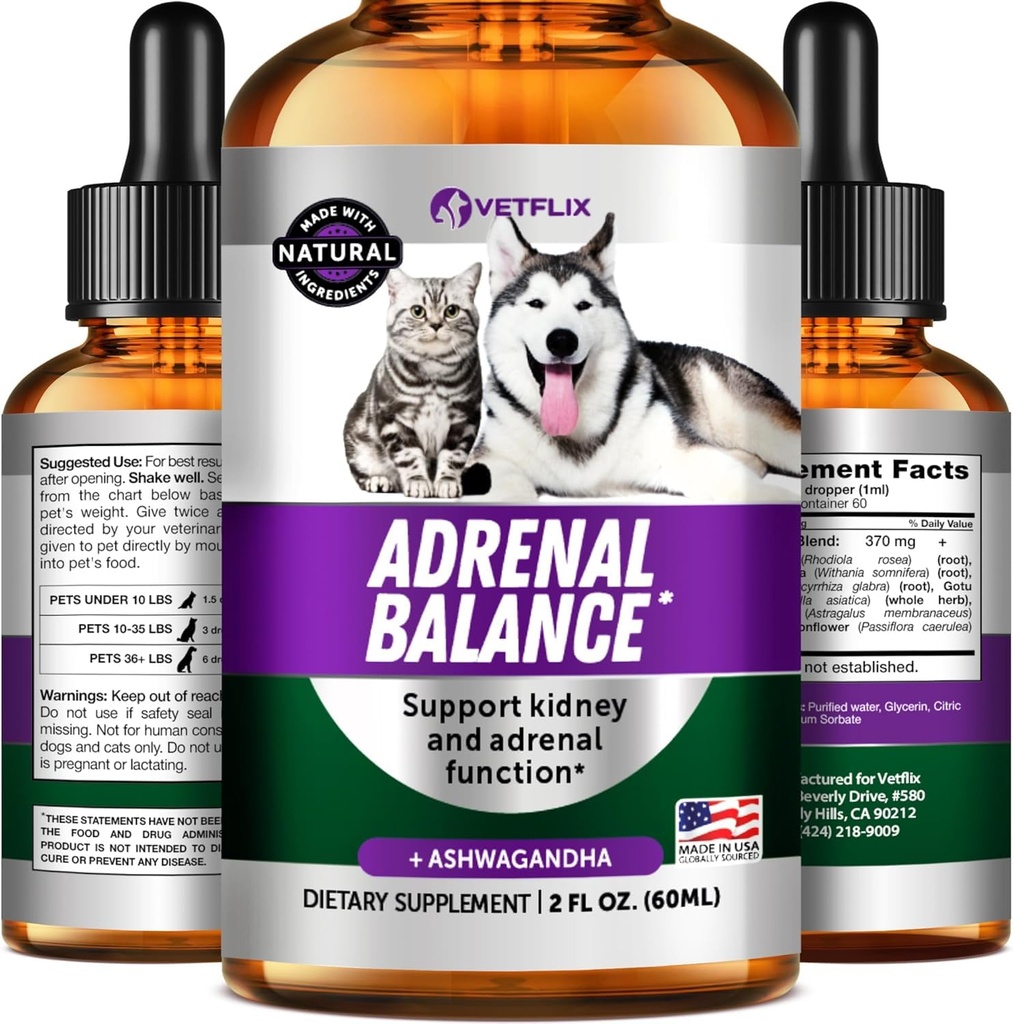 Pet Adrenal Podpora pre psy a mačky - Made in USA - Cushings Liečba pre psy - Cat & Pes doplnok pre podporu obličiek - 2 Fl Oz