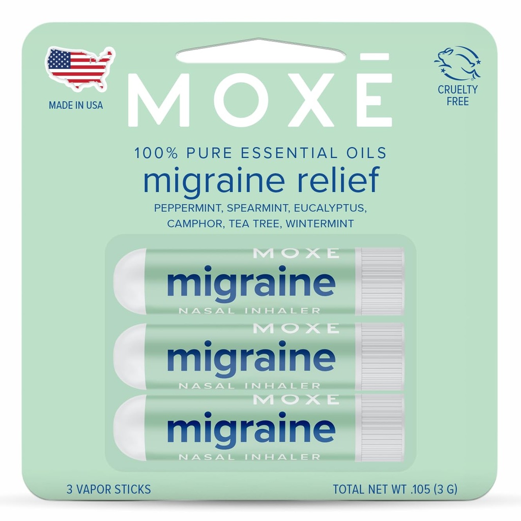 MOXE Migraine Relief Nasal Inhalátory, Esenciálne oleje pre bolesti hlavy a napätie Relief, Prenosné Aromaterapia, Easy-to-Use, Pure & Undiluted, Peppermint, Spearmint, Eucalyptus, Tea Tree, USA Made, 3 Balenie