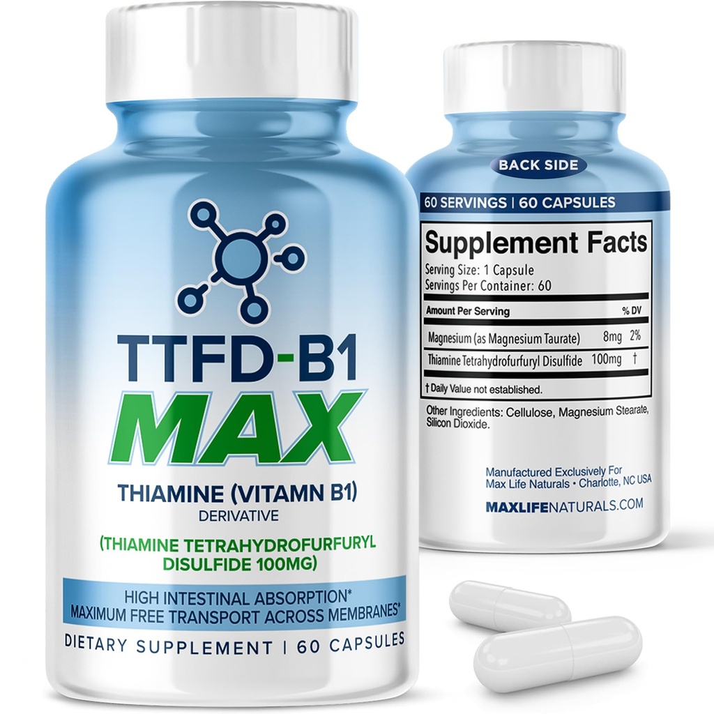 TTFD Thiamine B1 doplnok 60Capsules Made in USA- Thiamine TTFD Vitamín B1 MAX, High-Potency Supplement for Energy & Focus, podporuje zdravý Nerve Funkcia & Celková Wellness by MaxLife Naturals