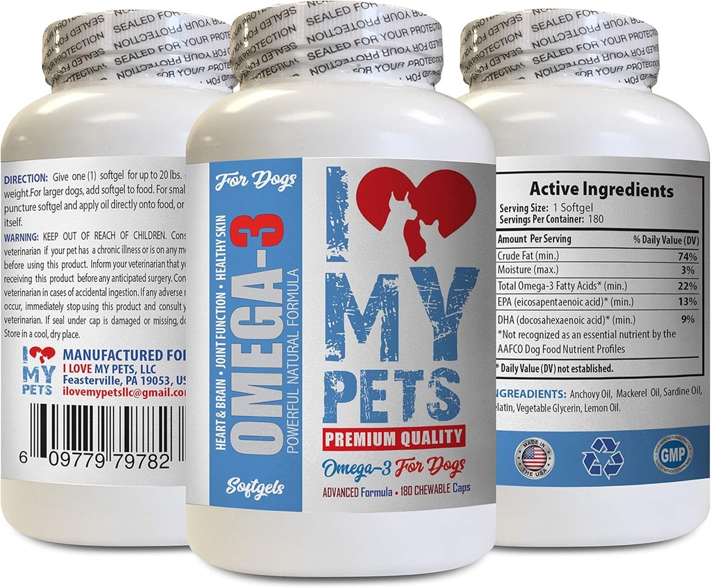 I LOVE MY PETS LLC Psí proteín doplnok - Omega 3 Rybí olej pre psy - Advanced Premium Quality - epa pre psy - 180 Softgels (1 fľaša)