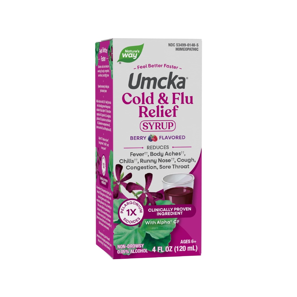 Prírodná cesta studená+Flu Relief Sirup, Umcka, Horúčka*, Sore Throat, Kašeľ, Kongescia, Telové bolesti*, Homeopatické, Fenylefrín Bez, 0,05% Alkohol, Berry Ochutené, 4 Fl Oz (Packaging May Vary)