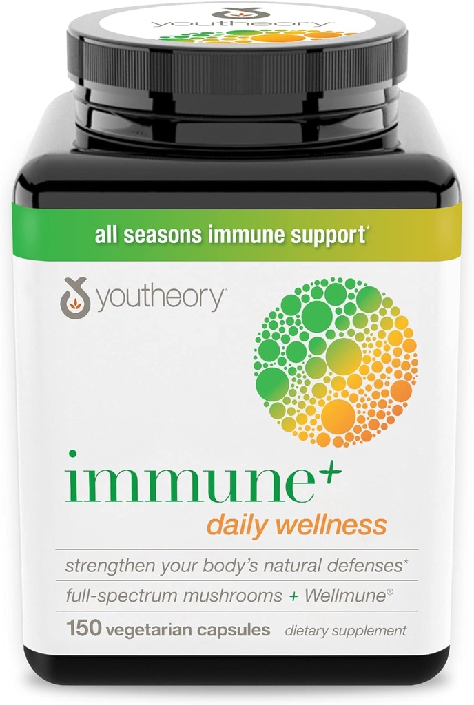Youtheory Immune+ Daily Wellness- Organic Huby- Beta Glucan- Vitamín C, D3 & Zinok 150 Vegetariánske viečka
