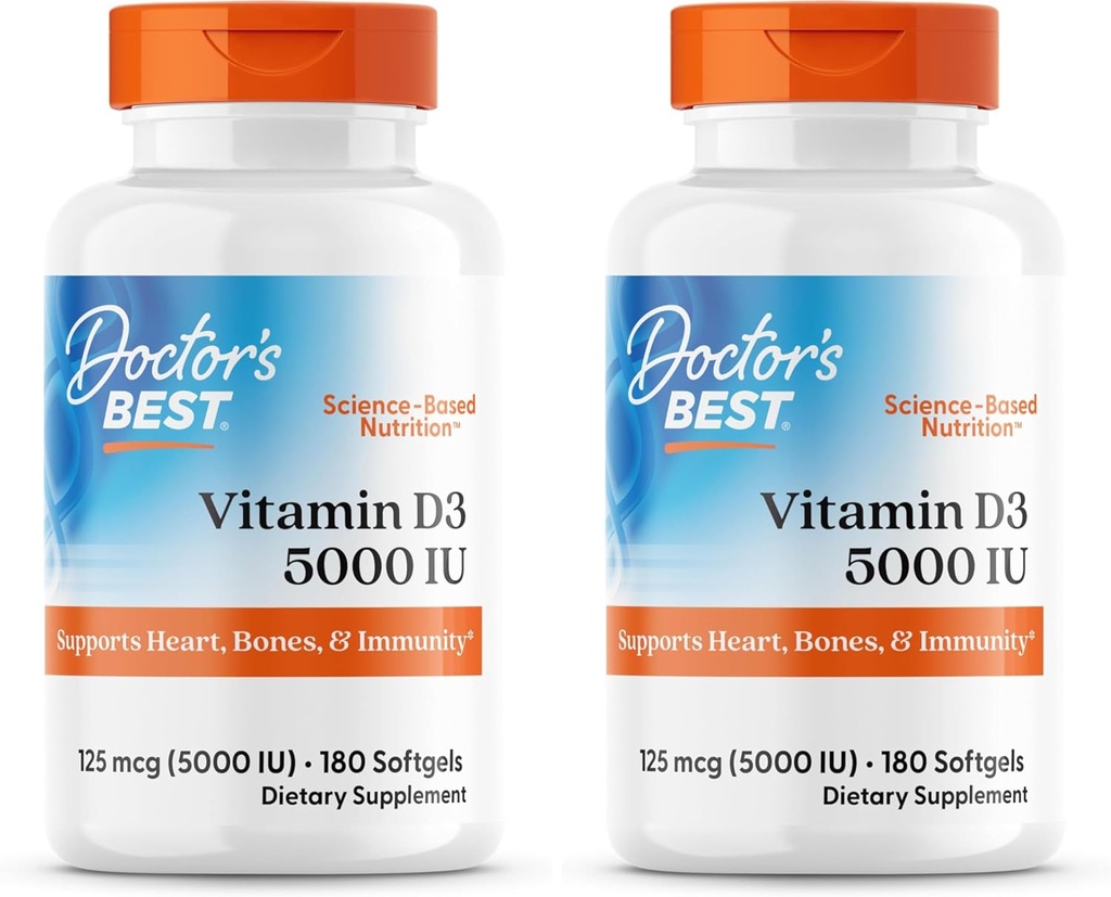 Doktor's BEST Vitamin D3 5000IU, Non-GMO, Gluten & Soy Free, Reguluje imunitnú funkciu, podporuje zdravé kosti, biela, bez chuti, 180 počet (Stock of 2)