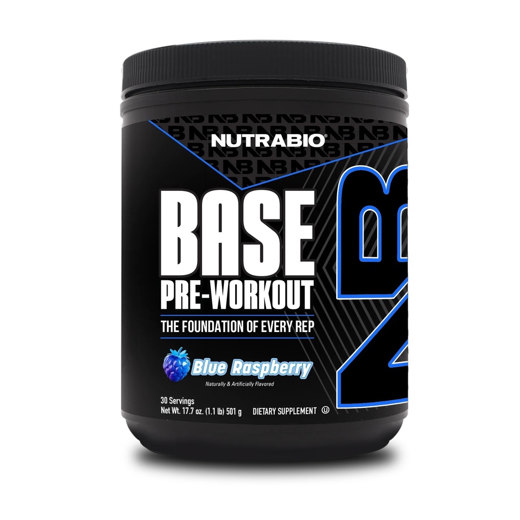 NutraBio Base pre-Workout Powder 200mg kofeín, Trvalá energia, Focus, Vytrvalosť, Čerpadlo, Bezcukru, Čistá preworkout pre mužov a ženy - Beta Alanine, L-Tyrosine, 30 Servings - Blue Malina