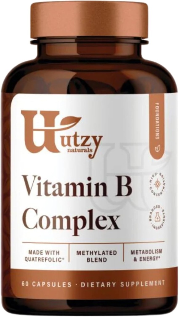 Utzy Naturals Vitamín B Complex obsahuje všetkých 8 esenciálnych B vitamínov s cholín a inozitol 60 kapsúl
