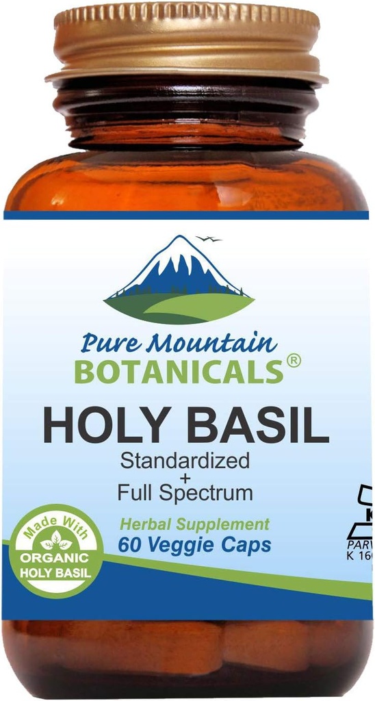 Pure Mountain Botanicals Svätá bazalka Kapsule - Kosher Vegan Caps s 450mg Organic Holy Basil Tulsi & Holy Basil Extract z Indie