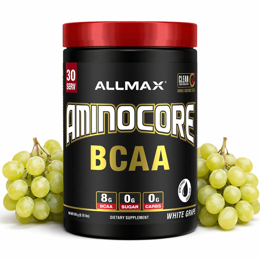 ALMMAX Nutrition AMINOCORE BCAA Powder, 8.18 Grams of Amino Acids, Intra and Post Workout Recovery Drink, Gluten Free, White Grape, 315 g