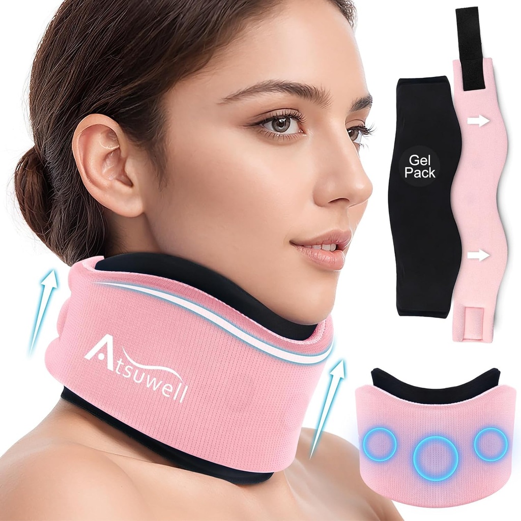 Atsuwell Soft Neck Brace Cervikal Collar, Nastaviteľná podpora krku Závod s odnímateľným gélom balenia, opakovane použiteľné zábal pre správne držanie tela, spánok, ružová