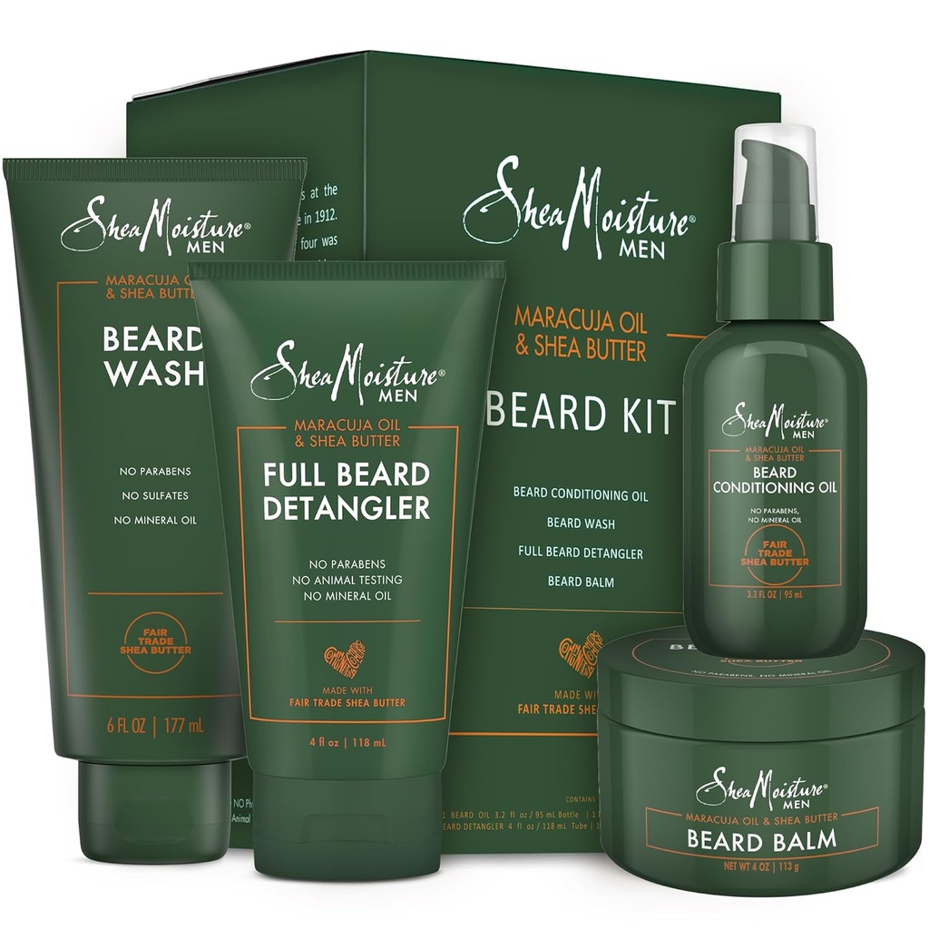 SheaMoisture Beard-Care Kit pre mužov, Zahŕňa umývanie, Balzam, Olej, kondicionér, Prírodné bambucké maslo a Maracuja olej, veľký dar