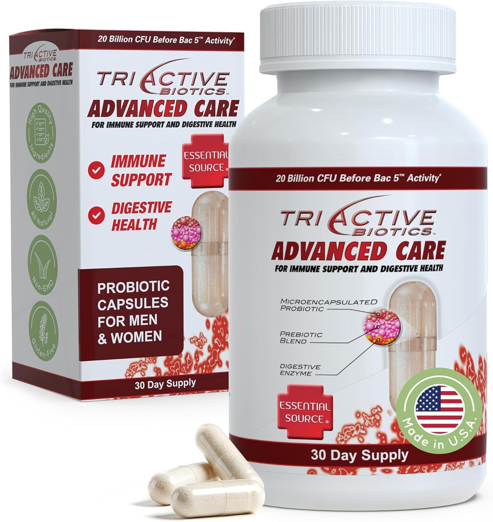 Essential Source TriActive Biotics Advanced Care - 20 miliárd CFU Probiotiká pre tráviace zdravie, Imunitná podpora Supplement, Mikrokapsulované probiotiká pre ženy a mužov, 30 Ct Kapsule