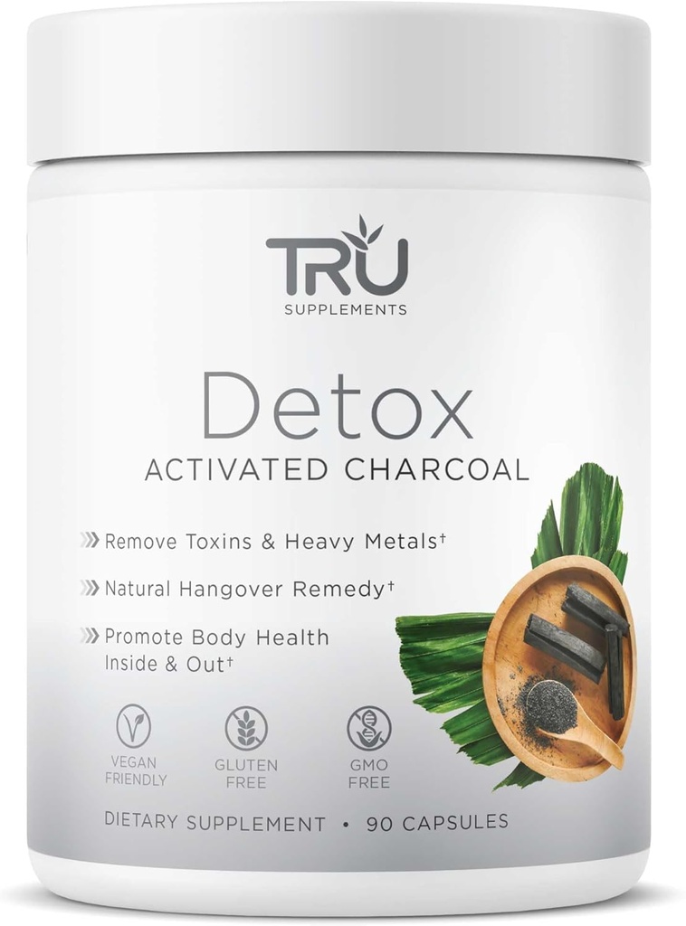 TRU Doplnky Detox Cleanse Kapsule s Aktivovaným Charcoal, Celé telo Cleanse for Bloating Relief & Clear Skin, Vegan-Friendly Natural Detox Support, 60 Servings