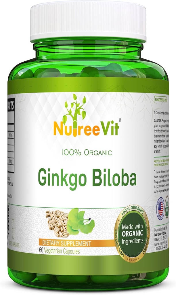 NutreeVit 100% Organic Ginkgo Biloba Kapsule - podporuje zdravie mozgu, duševnú výstrahu, cirkuláciu a zvyšuje pamäť - Organické antioxidant - 100 Počet fliaš