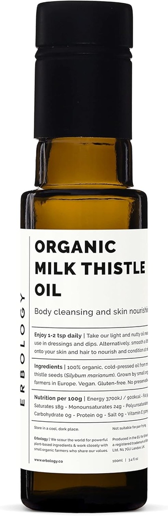Erbology Organic Milk Thitle Oil 3.4 fl oz - Cold-Pressed - High in Vitamín E - Detoxikácia - Priamo z farmy - Non GMO - Žiadne prídavné látky alebo konzervačné látky - Recyklovateľné sklenené fľaše