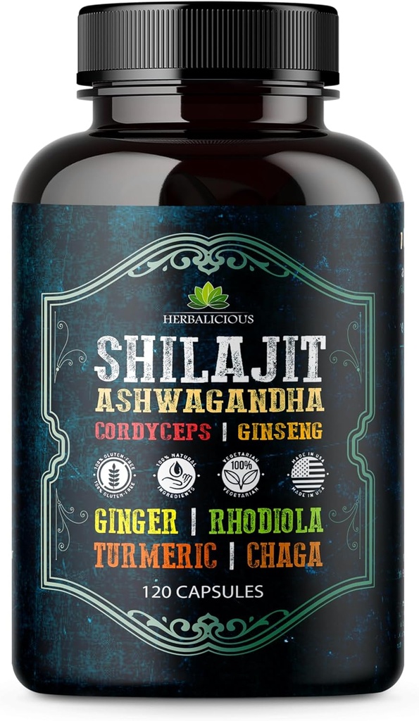 Shilajit pre mužov 8-in-1 Adaptogénne doplnok s Ashwagandha, Cordyceps, Ginseng, Rhodiola, Turmerica, Chaga & Ginger 