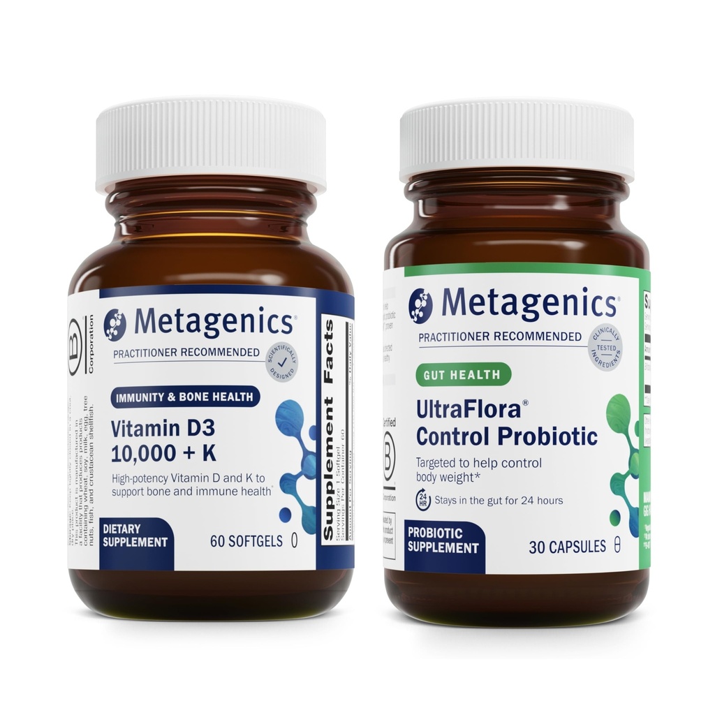 Metagény Vitamín D3 10 000 + K (60 Softgels) a UltraFlora Control Probiotiká (30 Servings) - podporuje zdravie kostí a srdca - pomáha zdravé zloženie tela