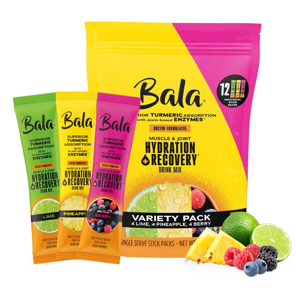 Bala Enzyme Hydratácia a nápoje bez cukru Mix - kurkuma, hypromelóza, Papain - imunita, mobilita - balenie odrody 0.25oz (12 počet)