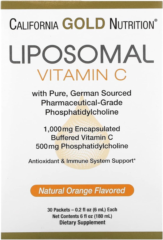Liposomal Vitamin C by California Gold Nutrition - Liquid Supplement for Antioxidant & Immune Support - Vegan Friendly - Gluten Free, Non-GMO - 1,000 mg - 30 Packets - Natural Orange Flavor