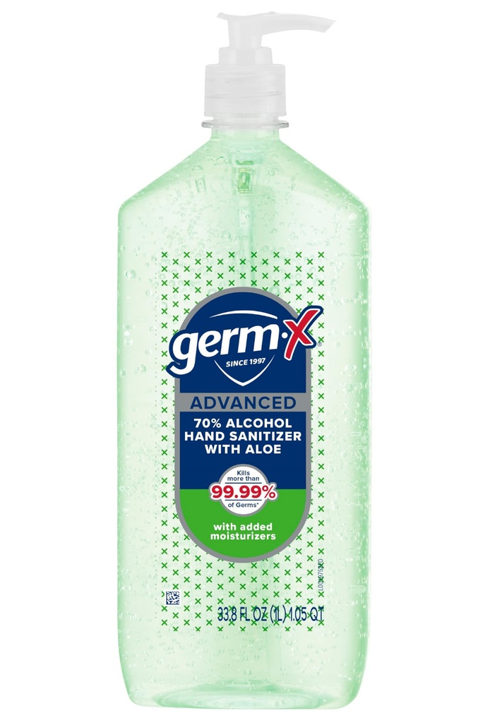 Germ-X Advanced Hand Sanitizer s aloe a vitamínom E, Nedrzý hydratačný gél, Instantné a žiadne opláchnuť vzorec, Pumpa fľaša, Späť do školských zásob, 1 Liter
