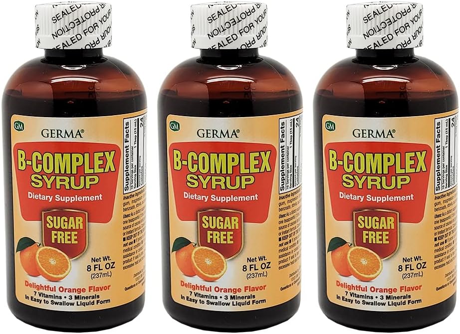 Germa B-Complex Sirup. Zdravie kostí, rast a rozvojová pomoc. Bez cukru. Oranžová chuť. 8 oz. Balenie po 3