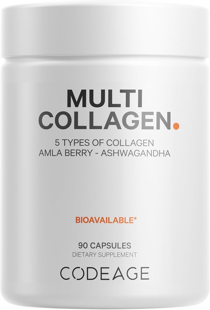 Codeage Multi Collagen Peptides Proteínové kapsuly, 5 kolagénové typy, Grass-Fed & Hydrolyzed Bovine Collagen Collagen Tablets Supplement, Ashwagandha, Amla Berry Vitamíny, Collagen Peptidy - 90 Kapsule