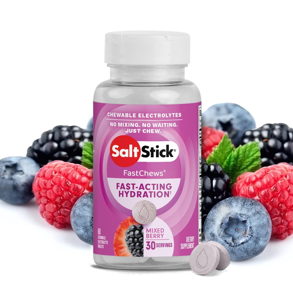 SaltStick Electrolyte Fast Chews - 60 zmiešaných Berry Chewable Electrolytes - Salt Tablety na beh a hydratáciu, Electrolyte Chews - 60 grófov