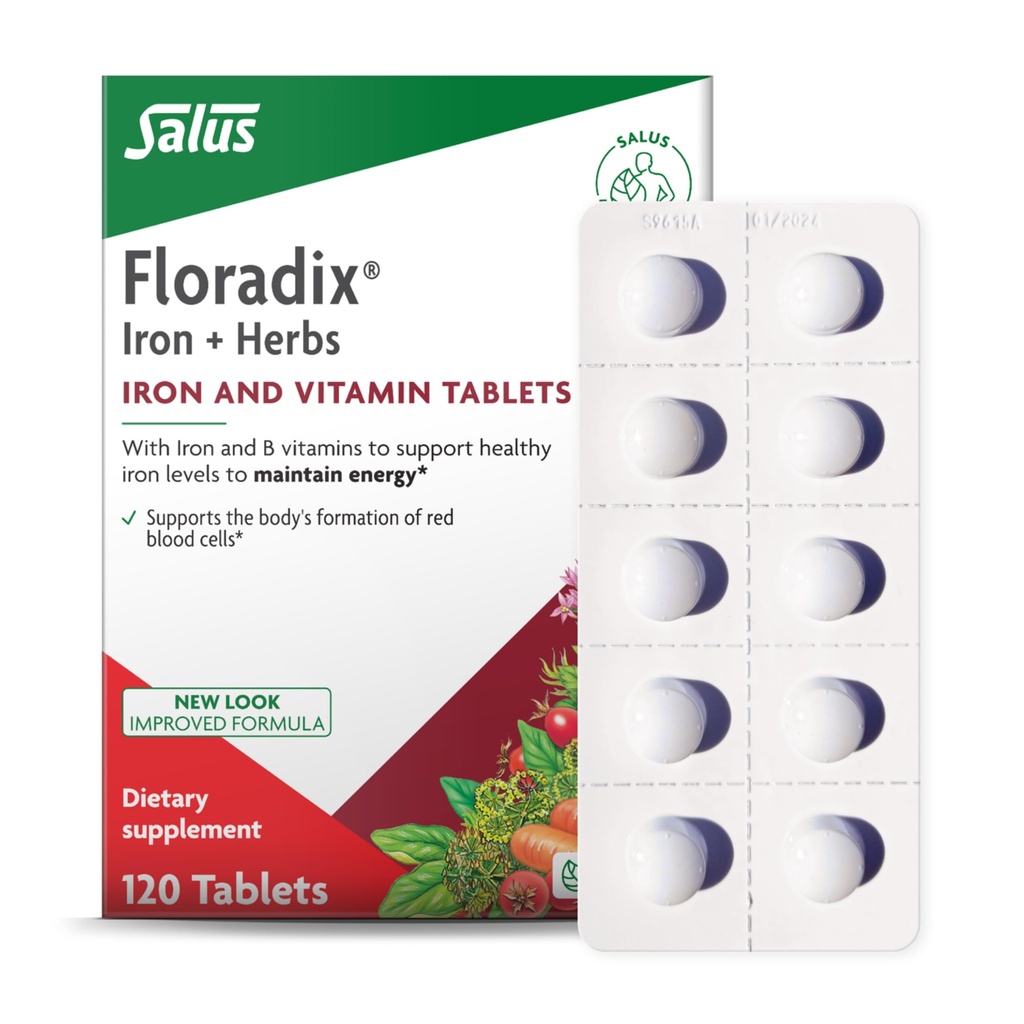 Floradix Železo Tablety - Železo Supplement with B Vitamíny, kyselina listová, vitamín C & More - Energetická podpora - Vegetariánska a bezlepková - 120 tabliet (120 porcií)