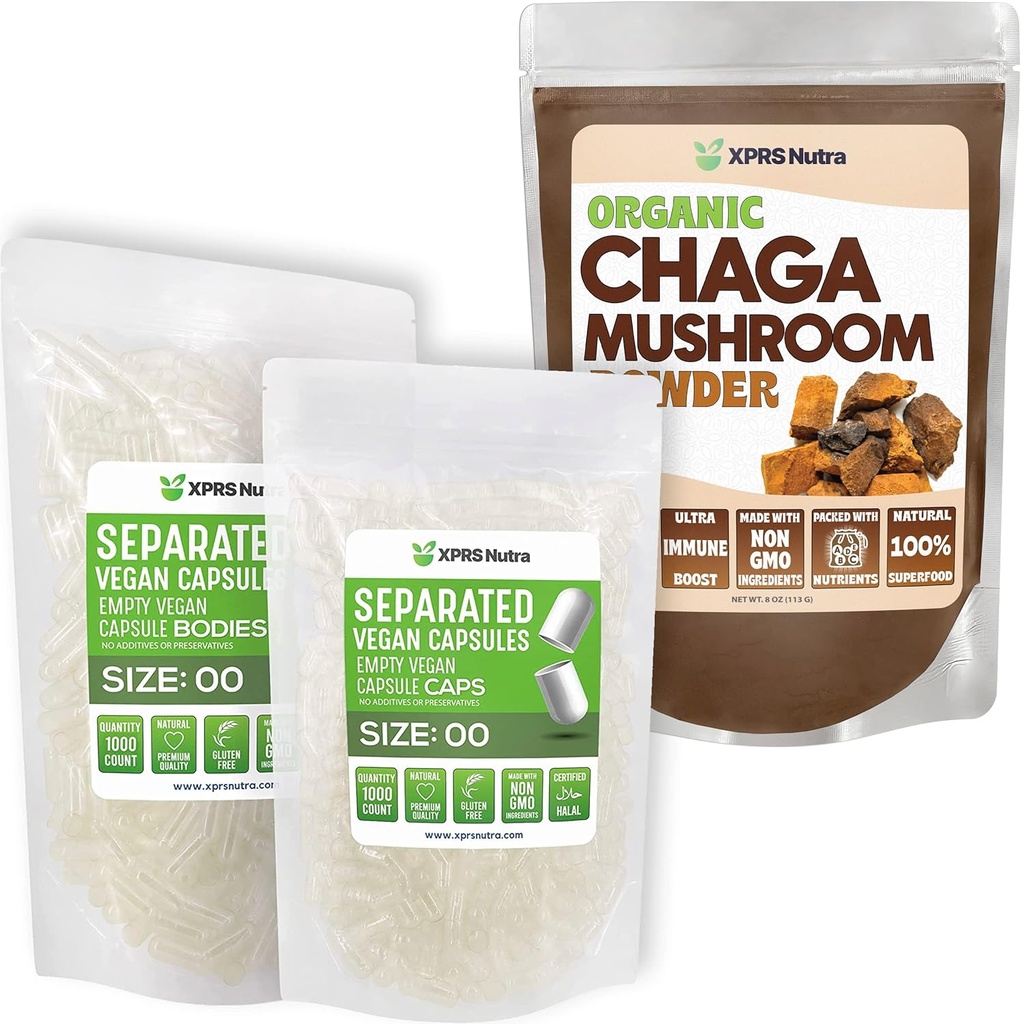 XPRS Nutra Oddelená veľkosť 00 Kapsule (1000 Počet) s Chaga Powder (8 Ounce) Bundle