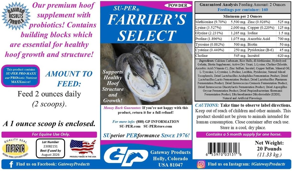 Su-PER Farrier's Select Hoof Supplement - Horse Premium Hoof Care Supplement with Probiotics - Healthy Hoof Growth - 20 libier, 5 mesiacov dodávky