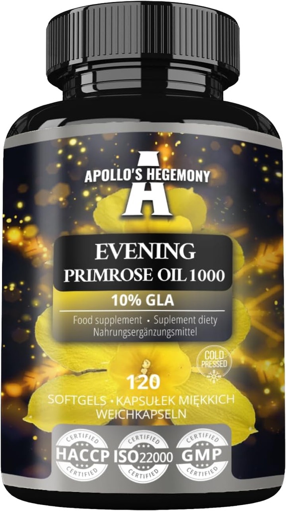 APOLLO'S HEGEMONY Večerný primrose olej 1000 mg s vitamínom E - obsahuje 100 mg kyseliny GLA - 120 Softgel kapsuly - 4 mesiace dodávky - Diet doplnok na podporu hormonálnej rovnováhy a zdravie kože