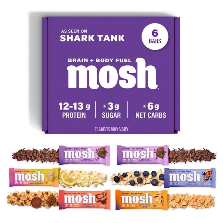 MOSH Odrody Pack Keto Protein Bars, High Fiber, Nízke Carb, Gluten Free, High Protein, Mozog zdravý Snack s Ashwagandha, Lion Mane, 6 Počet