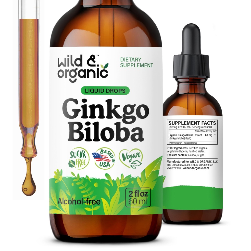 Wild & Organic Ginkgo Biloba Tinktúra - Mozog & Focus Podpora s Ginkgo Leaf Supplement - Vegán, cukor & Alkohol-bez bylinné extrakt Tinture - 2 fl oz