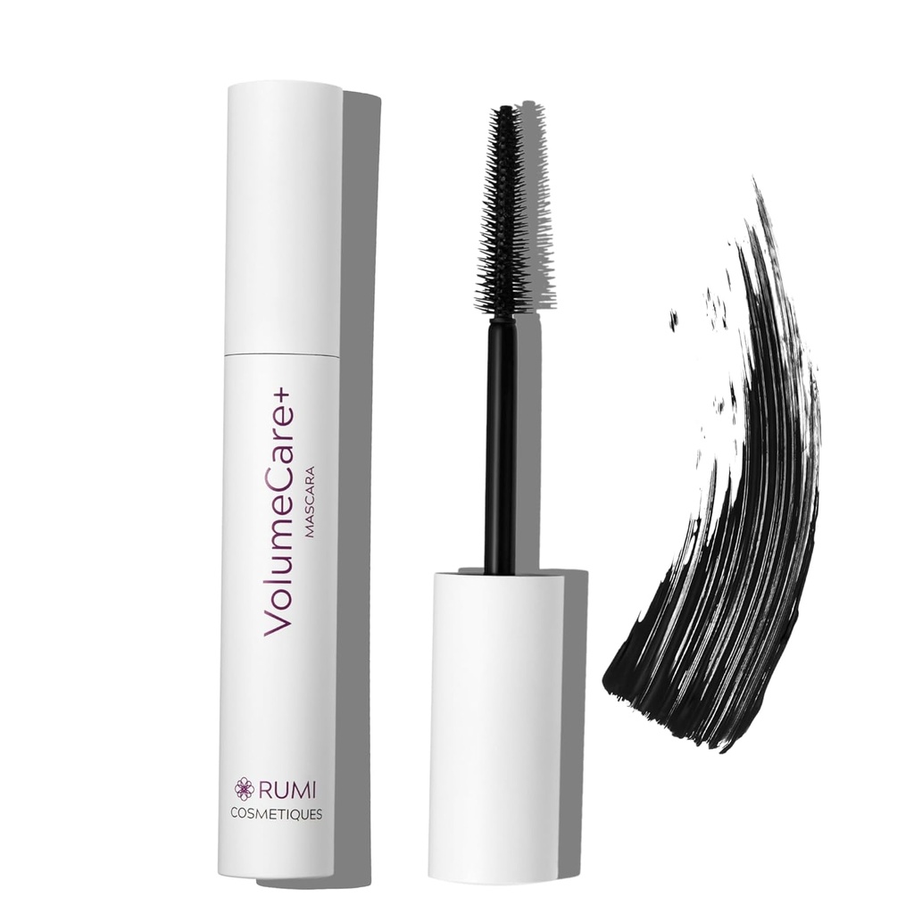 Rumi Cosmetiques VolumeCare+ Maskara Pre staršie ženy - Extrémna dĺžka a zväzok 2-in-1 Formula - Žiadne zhluky, dlhonosné, Hypoalergénna riasenka pre citlivé oči (Prírodné čierne)