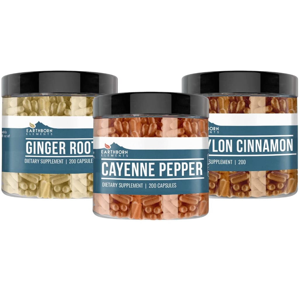 Elementy zrodené pozemšťanmi Cayenne Pepper, Ceylon škorica a zázvor koreňové žľaby (200 kapsúl), čisté a nezriedené, žiadne doplnkové látky