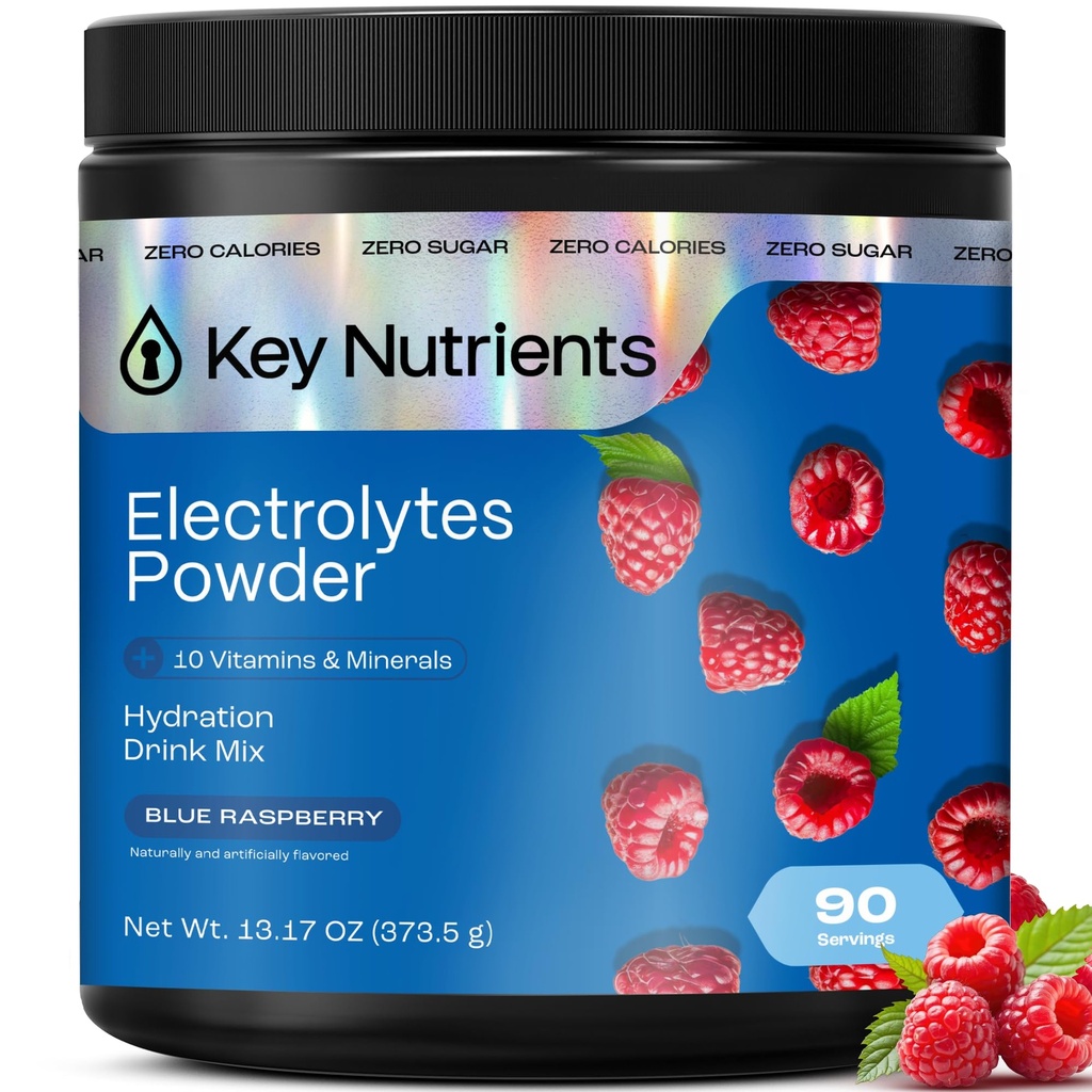 KĽÚČOVÉ NUTRIENTY Multivitamínové elektródy Prášok Nie cukor - Sladká modrá malinová elektrolytová prášok - Vytrvalosť & Energy Supplement - Hydratačný prášok - Bez kalórií - 90 Slúži - Vyrobené v USA