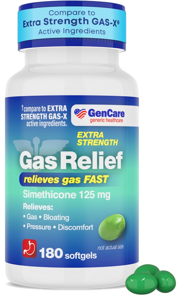 GenCare -Extra sila Relief plynu Simeticone 125 mg (180 Softgels) Maximálna sila Protiplynové pilulky pre úľavu od ohýbania, tlak & nepohodlie - V porovnaní s Generic Extra Strength Gas X