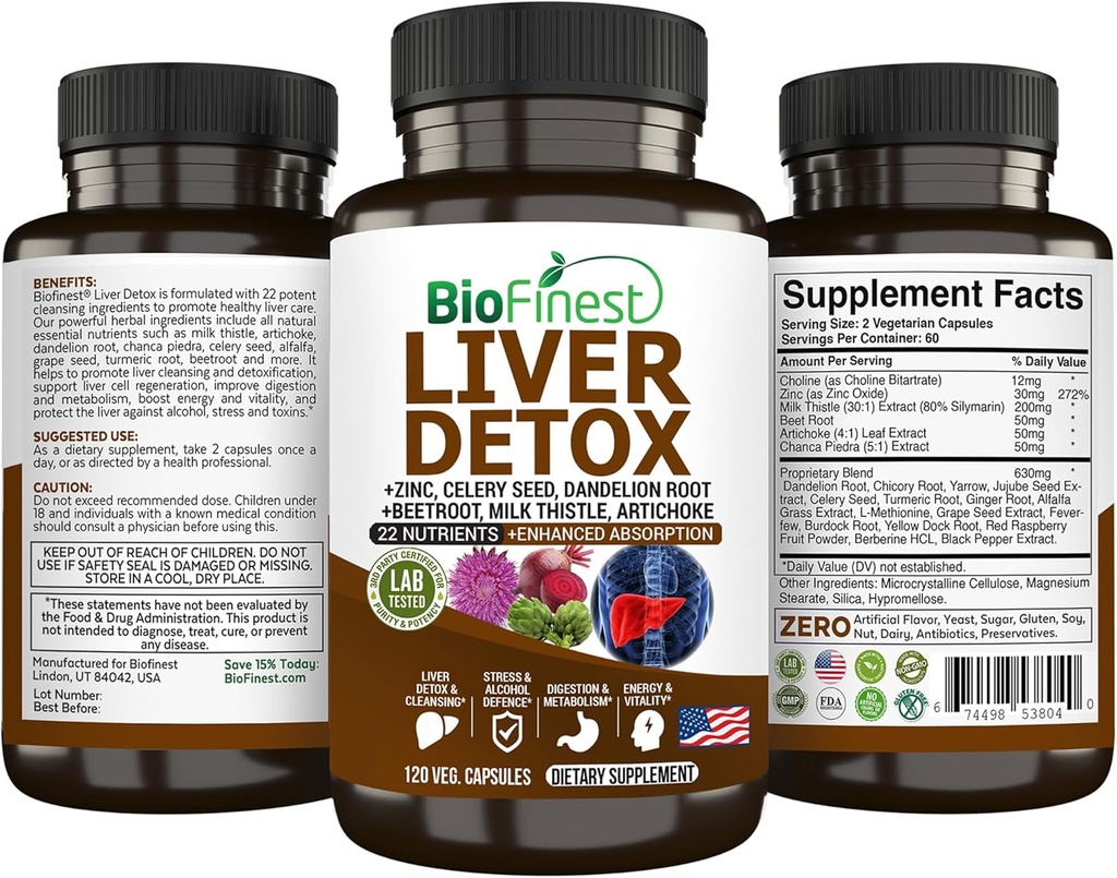 BioFinest Liver Detox Supplement - 22 Nutrients Milk Thitle Artičoky Zeler Seed Chanca Piedra Repeat Root Púpava Turmerica Ginger - Alkohol Čistenie energie Tráviaca Metabolizmus (120 Veg. Kapsule)
