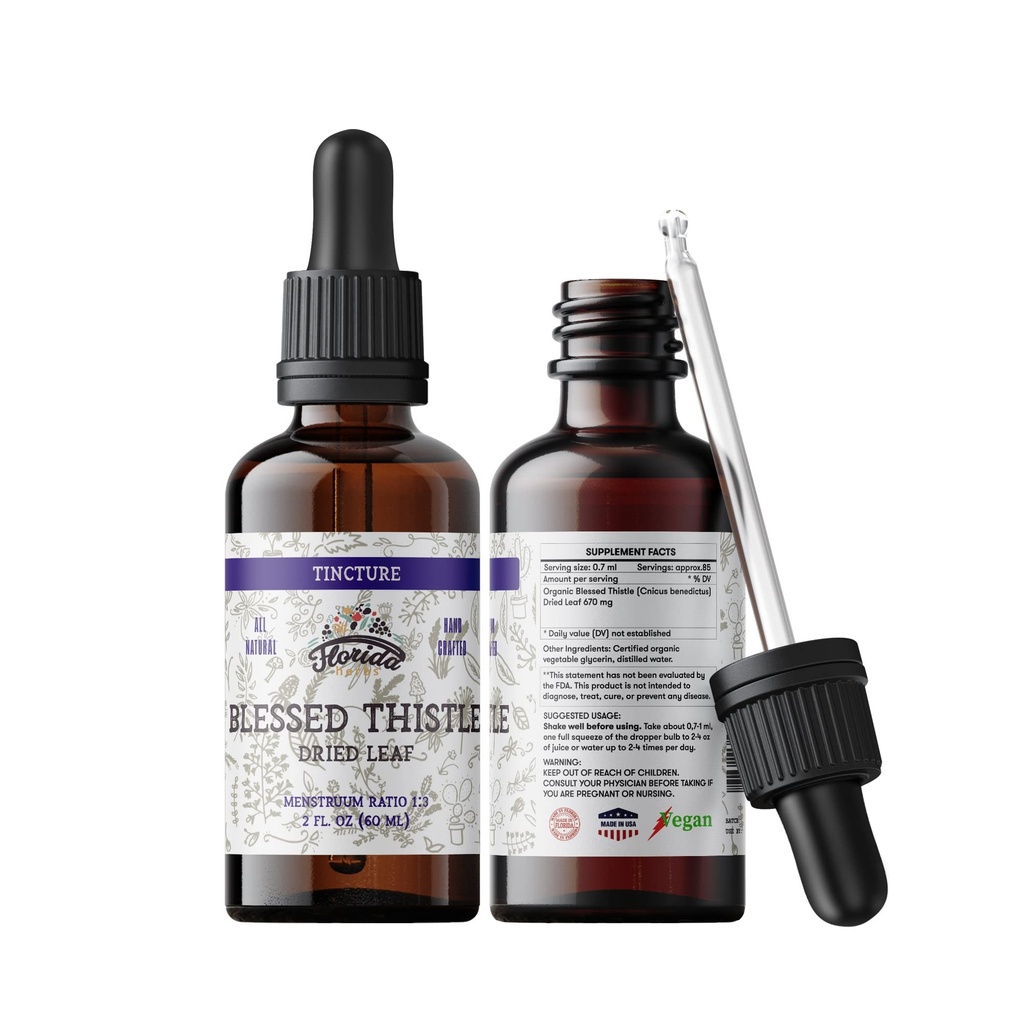 Požehnaná Thistle Tincture, Organic Blessed Thistle Extract (Cnicus benedictus) Herbal Supplement, Non-GMO in Cold-Pressed Organic Glycerin, 700 mg, 2 oz (60 ml)