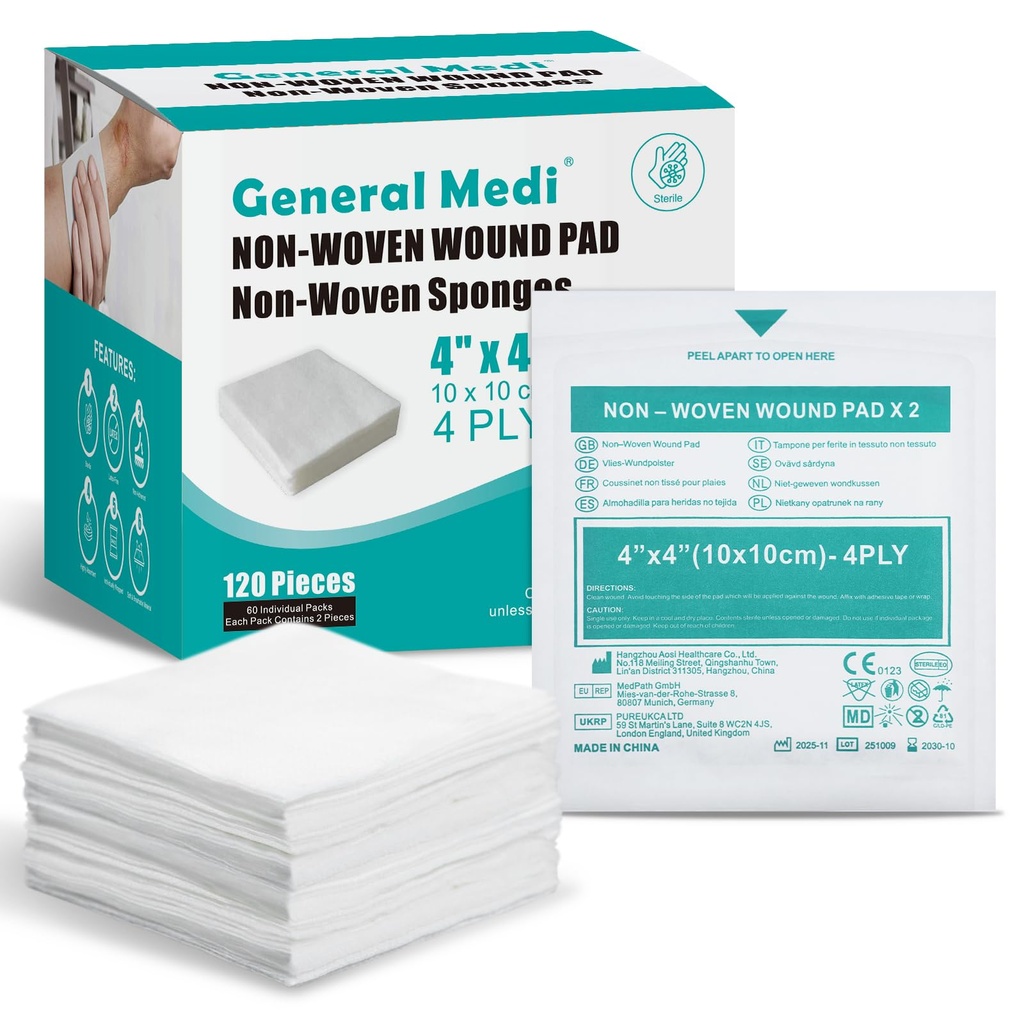 Všeobecné Medi Sterilné Gauze Sponges, 4" x 4" Non-Woven Wound Pads - Individuálne zabalené vysoko absorpčné Sponges Pads for Cushioning Minor Wounds, Reces & Burns Wound Care (60 Balíčky, 120 kusov celkom)