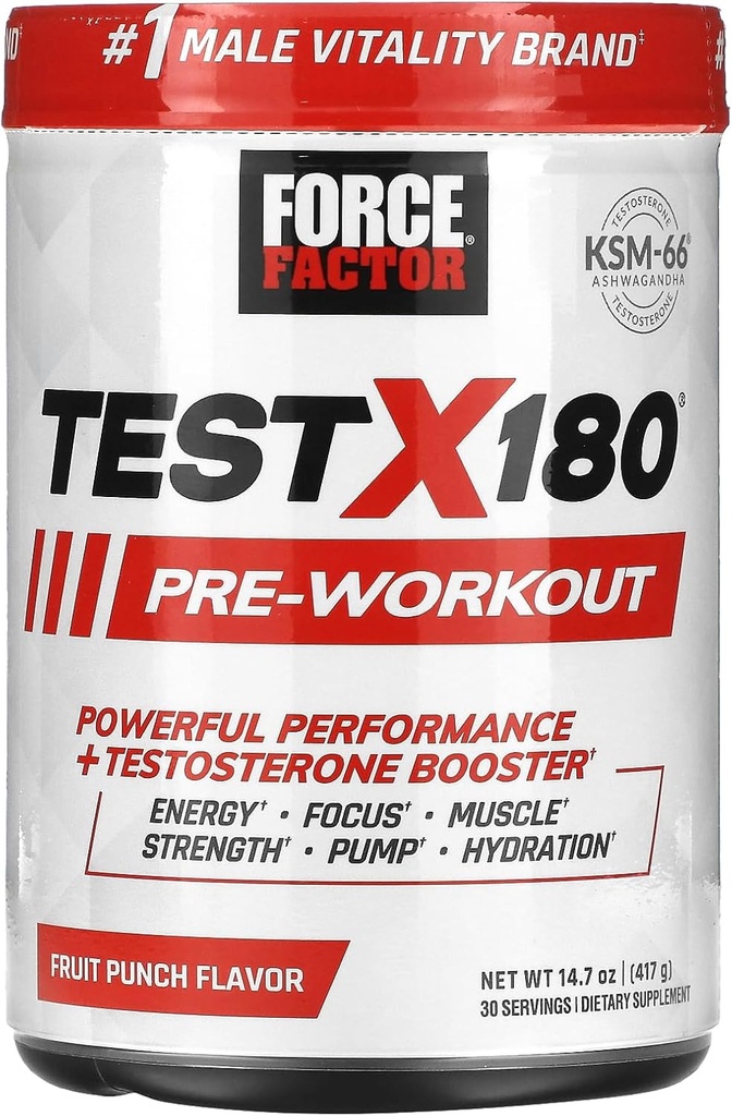 FORCE FACTOR Test X180 Predprášok & Energy Supplement, Boost Focus & Vytrvalosť, Build Muscle & Strength, Nitric Oxide Supplement with Ashwagandaha & L-Citrulline, Fruit Punch, 30 Servings